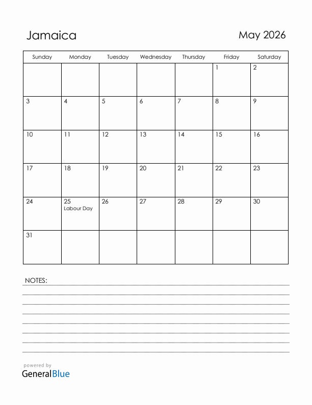 May 2026 Jamaica Calendar with Holidays (Sunday Start)