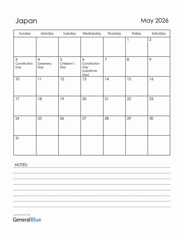 May 2026 Japan Calendar with Holidays (Sunday Start)