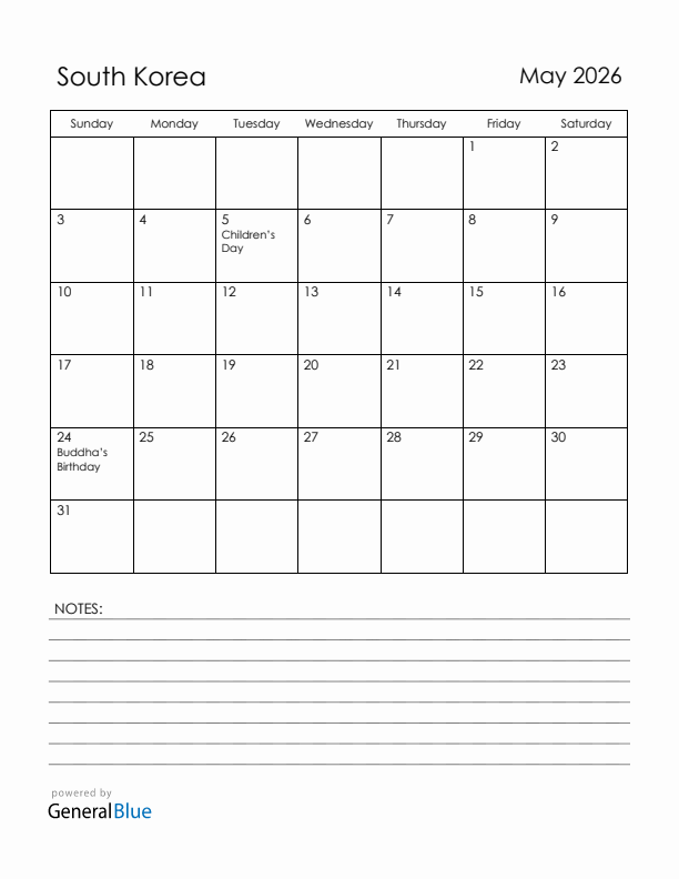 May 2026 South Korea Calendar with Holidays (Sunday Start)