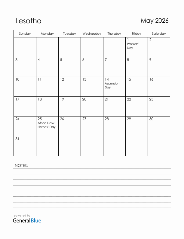 May 2026 Lesotho Calendar with Holidays (Sunday Start)