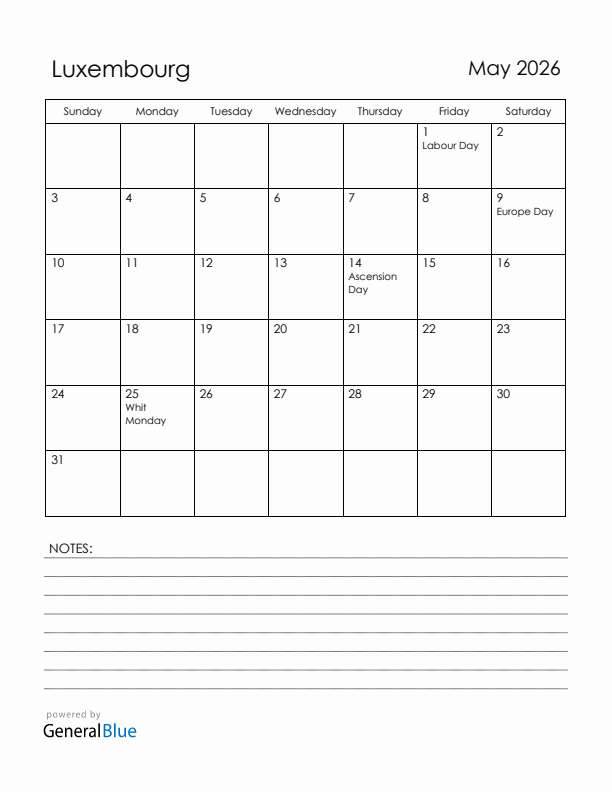 May 2026 Luxembourg Calendar with Holidays (Sunday Start)