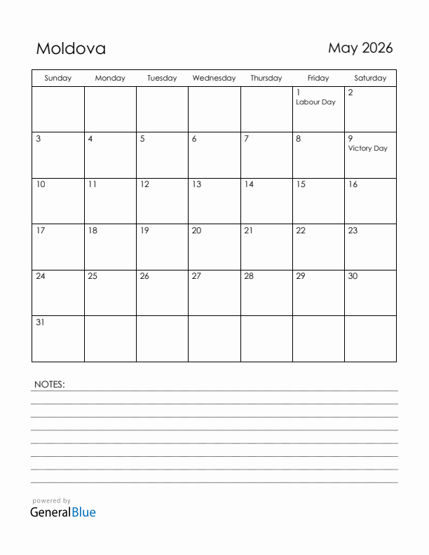 May 2026 Moldova Calendar with Holidays (Sunday Start)