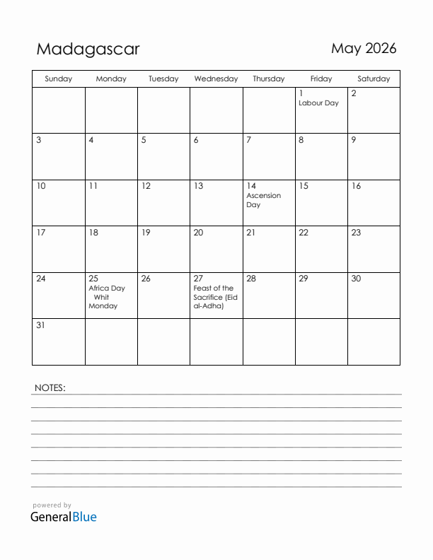 May 2026 Madagascar Calendar with Holidays (Sunday Start)