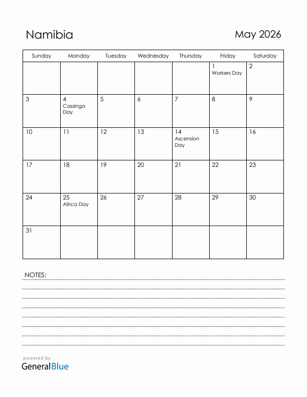 May 2026 Namibia Calendar with Holidays (Sunday Start)