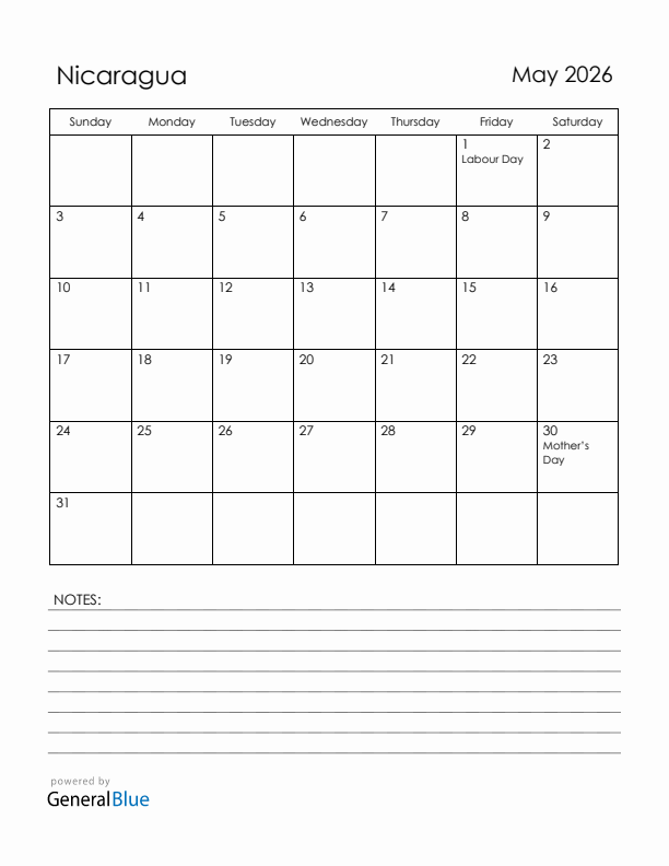 May 2026 Nicaragua Calendar with Holidays (Sunday Start)