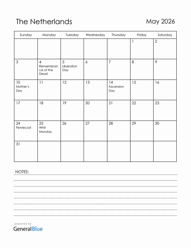 May 2026 The Netherlands Calendar with Holidays (Sunday Start)