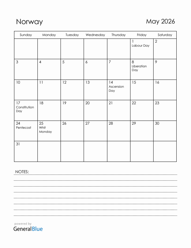 May 2026 Norway Calendar with Holidays (Sunday Start)