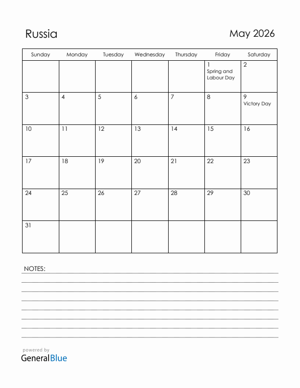May 2026 Russia Calendar with Holidays (Sunday Start)