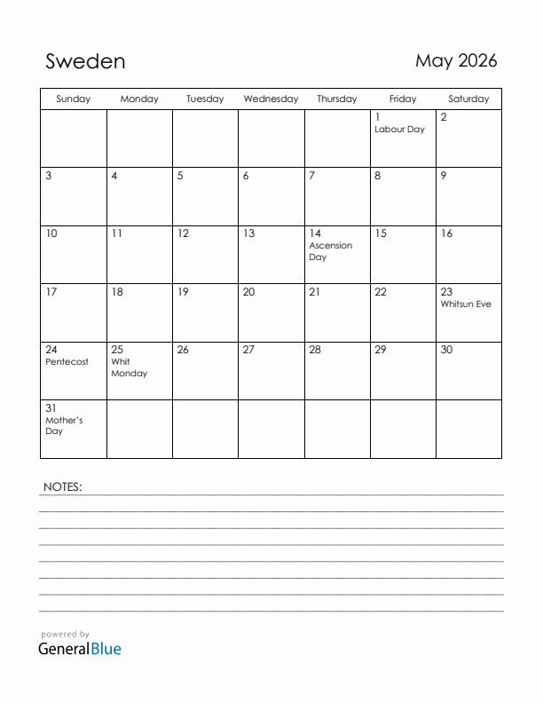May 2026 Sweden Calendar with Holidays (Sunday Start)