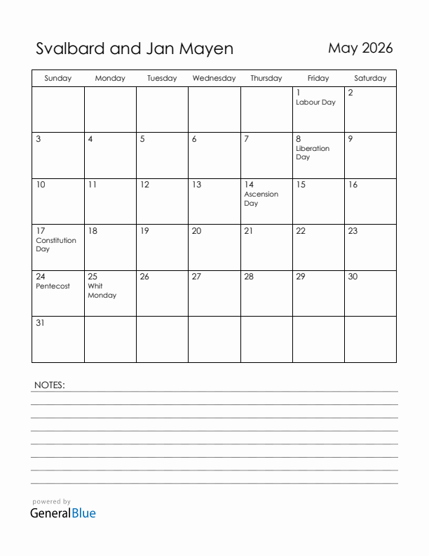 May 2026 Svalbard and Jan Mayen Calendar with Holidays (Sunday Start)