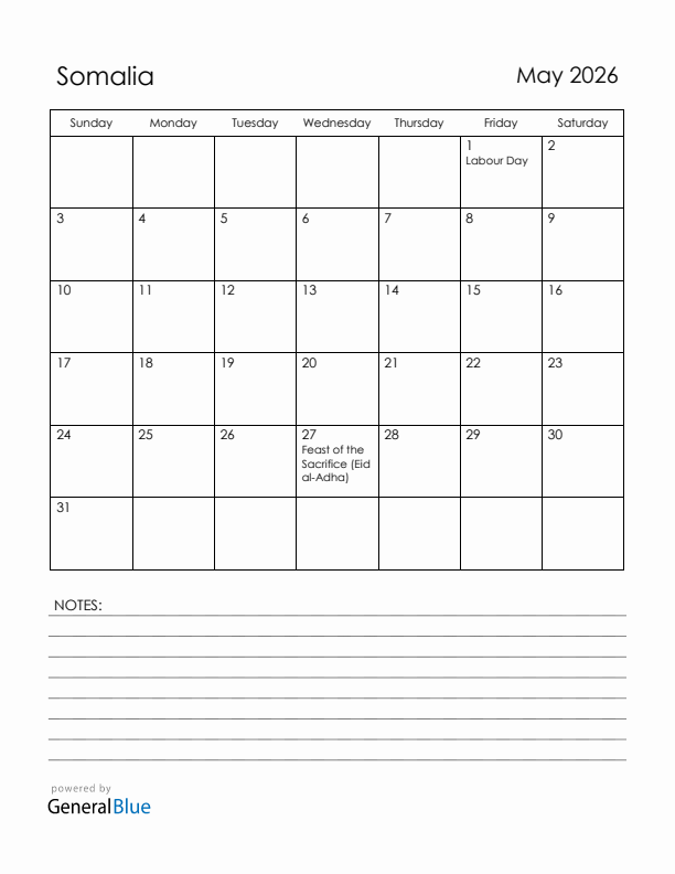 May 2026 Somalia Calendar with Holidays (Sunday Start)