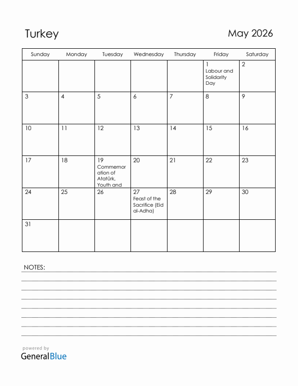 May 2026 Turkey Calendar with Holidays (Sunday Start)