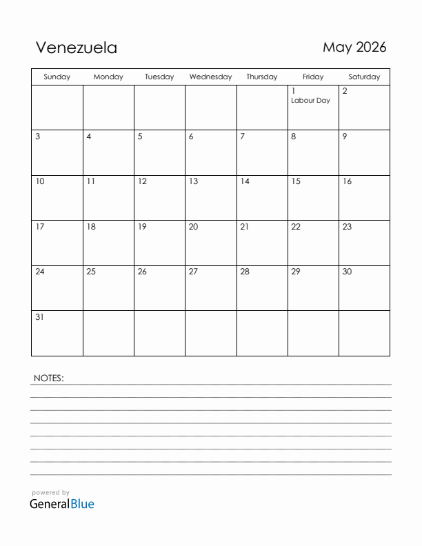 May 2026 Venezuela Calendar with Holidays (Sunday Start)