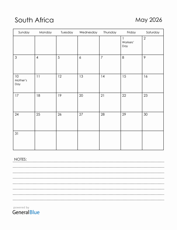 May 2026 South Africa Calendar with Holidays (Sunday Start)