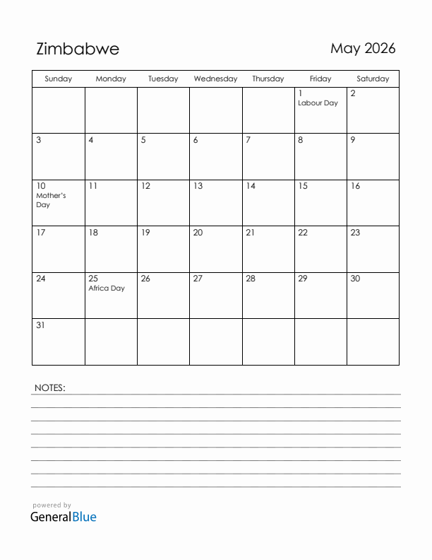 May 2026 Zimbabwe Calendar with Holidays (Sunday Start)