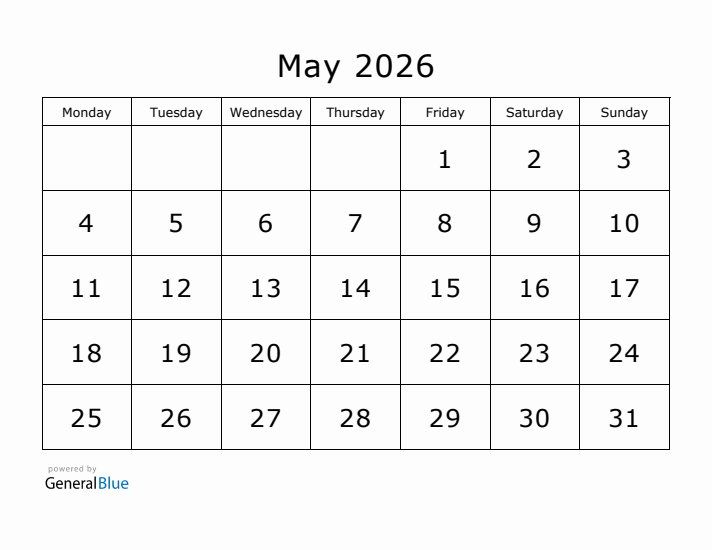 Printable May 2026 Calendar - Monday Start