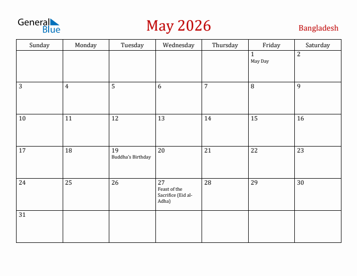 Bangladesh May 2026 Calendar - Sunday Start