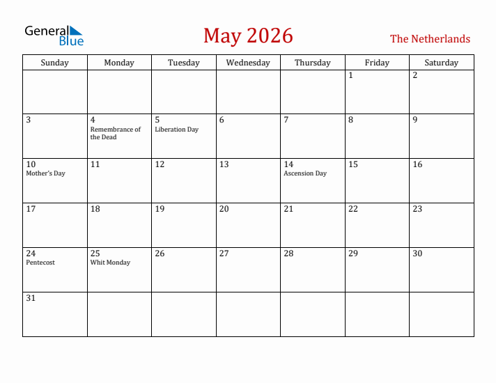 The Netherlands May 2026 Calendar - Sunday Start