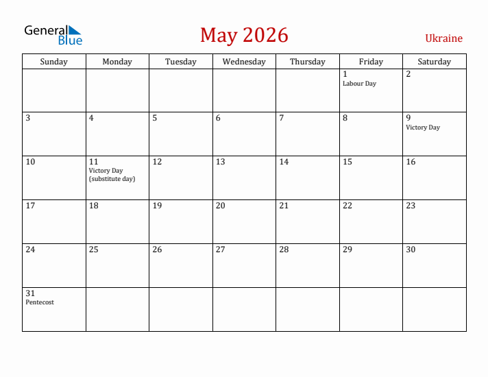 Ukraine May 2026 Calendar - Sunday Start