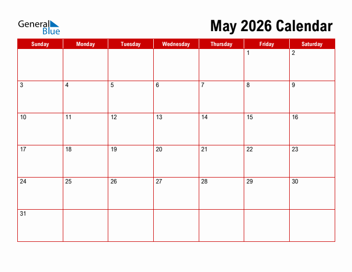 Simple Monthly Calendar - May 2026