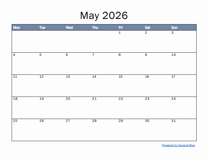 May 2026 Simple Month Calendar Template