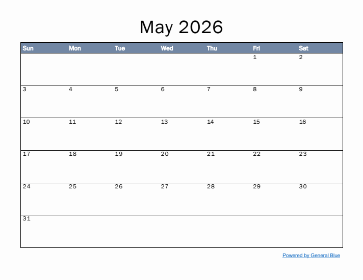 May 2026 Simple Month Calendar Template