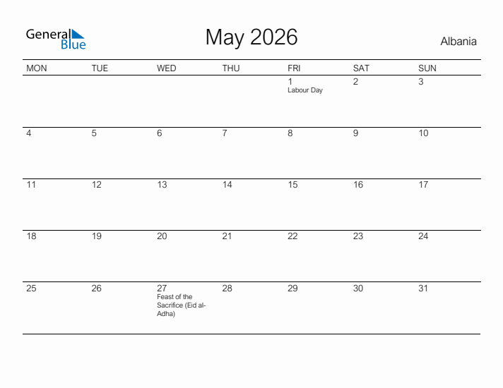 Printable May 2026 Calendar for Albania