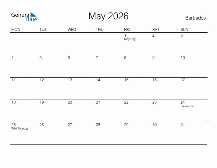 Printable May 2026 Calendar for Barbados