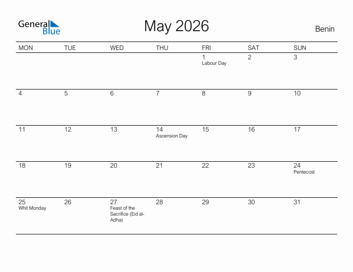 Printable May 2026 Calendar for Benin