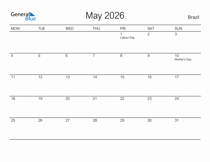 Printable May 2026 Calendar for Brazil