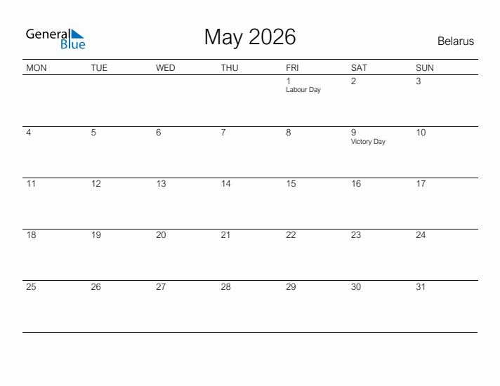 Printable May 2026 Calendar for Belarus