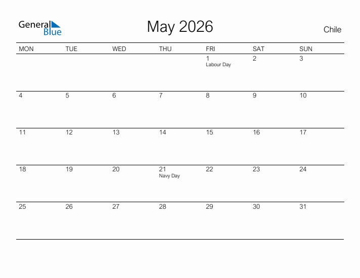 Printable May 2026 Calendar for Chile