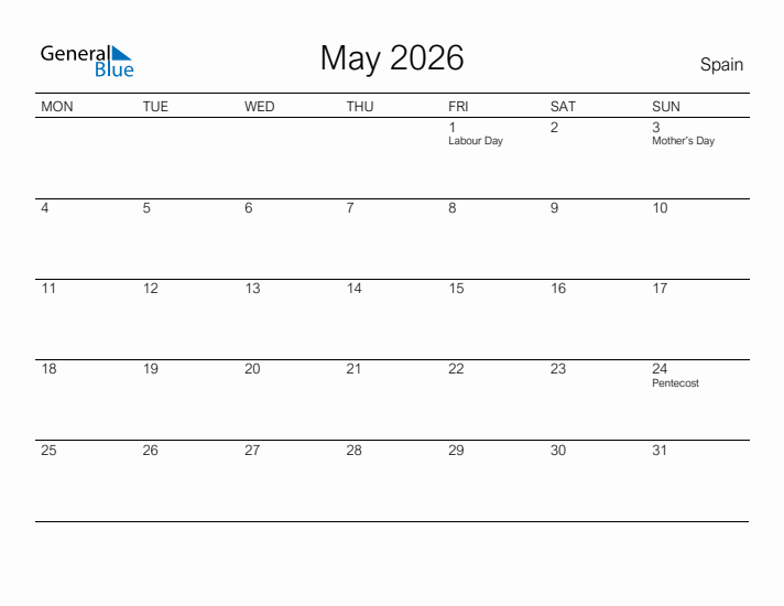 Printable May 2026 Calendar for Spain