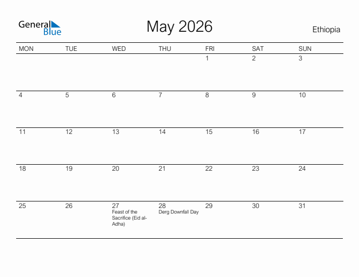 Printable May 2026 Calendar for Ethiopia