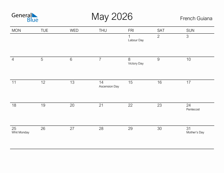 Printable May 2026 Calendar for French Guiana