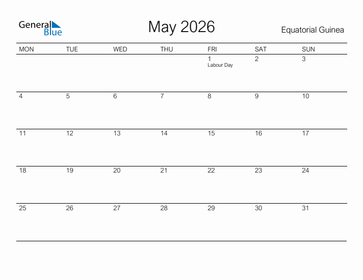 Printable May 2026 Calendar for Equatorial Guinea