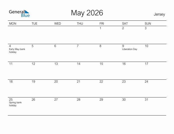 Printable May 2026 Calendar for Jersey