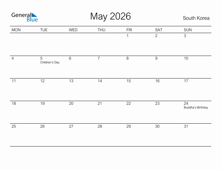 Printable May 2026 Calendar for South Korea