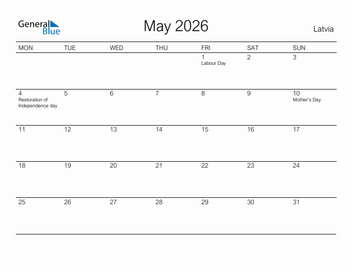 Printable May 2026 Calendar for Latvia