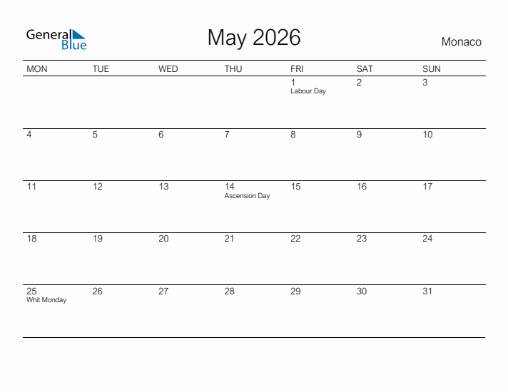 Printable May 2026 Calendar for Monaco