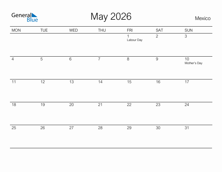 Printable May 2026 Calendar for Mexico