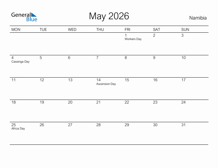 Printable May 2026 Calendar for Namibia