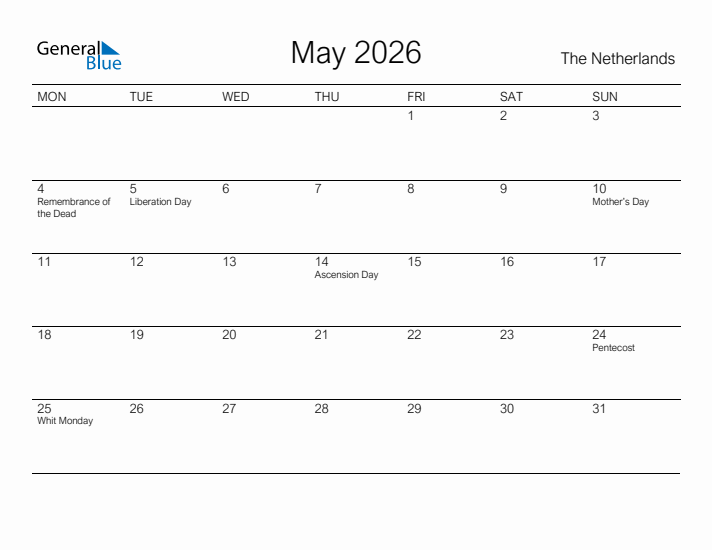 Printable May 2026 Calendar for The Netherlands