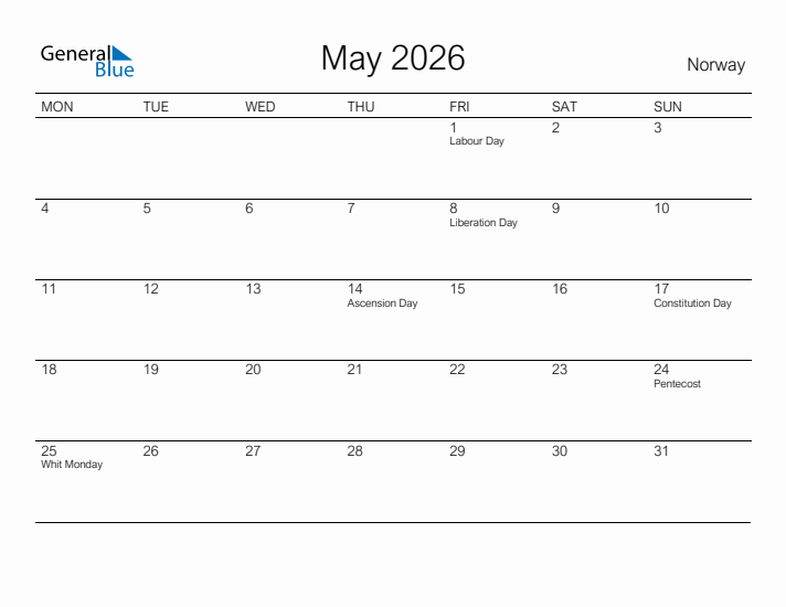 Printable May 2026 Calendar for Norway