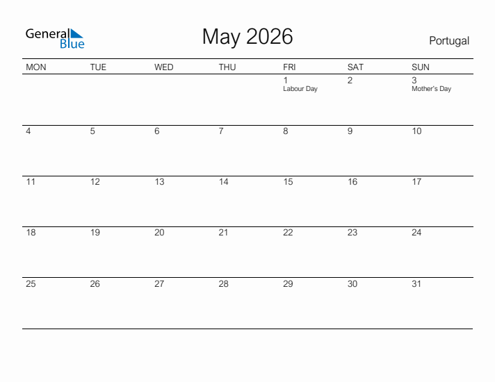 Printable May 2026 Calendar for Portugal