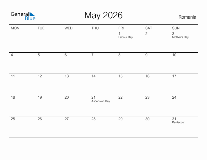 Printable May 2026 Calendar for Romania