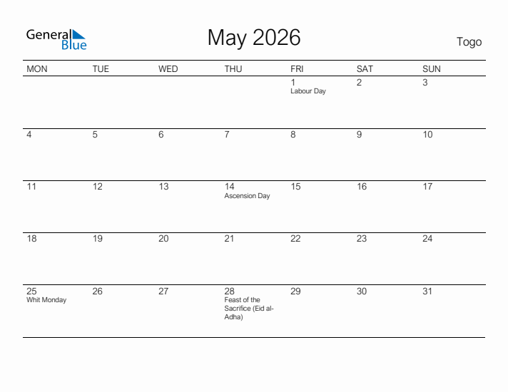 Printable May 2026 Calendar for Togo