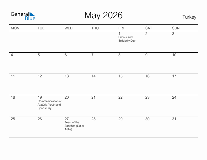 Printable May 2026 Calendar for Turkey