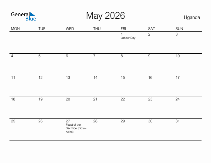 Printable May 2026 Calendar for Uganda