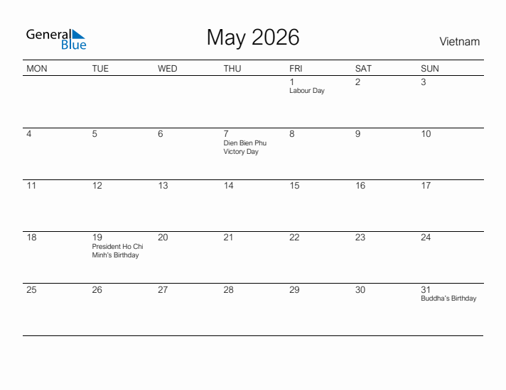 Printable May 2026 Calendar for Vietnam